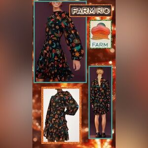NWT🌙✨Farm Rio Black Cerrado Sky Celestial Printed Ruffle Mini Dress SMALL